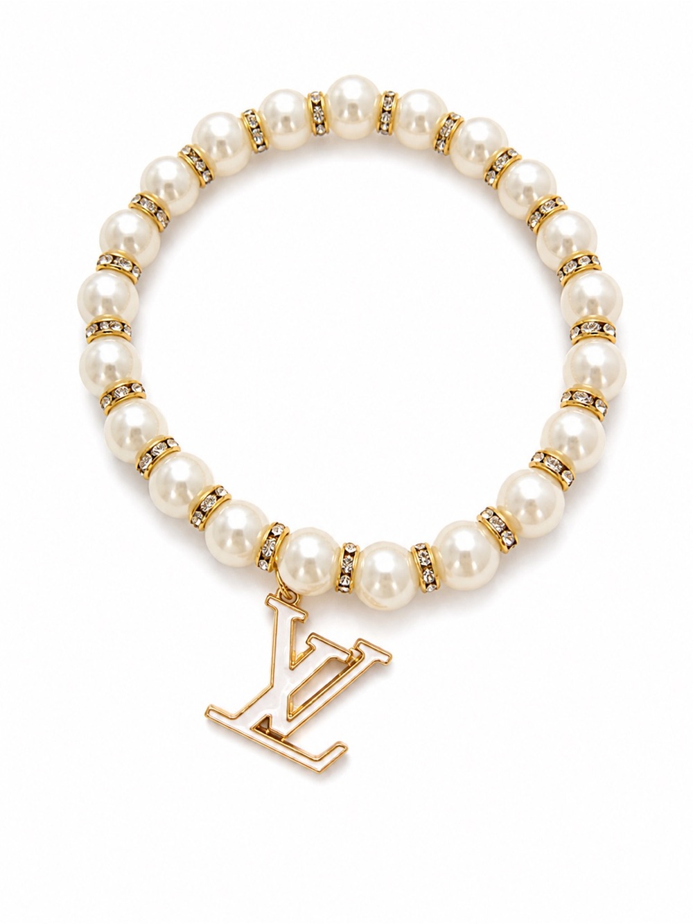 Handmade LV Pearl Bead Bracelet with Gold LV Charm